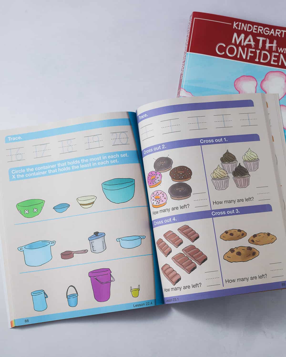 The interior pages of Math with Confidence showing a selection of bowls to determine what holds the most and drawings of desserts to practice "crossing out" and subtraction.