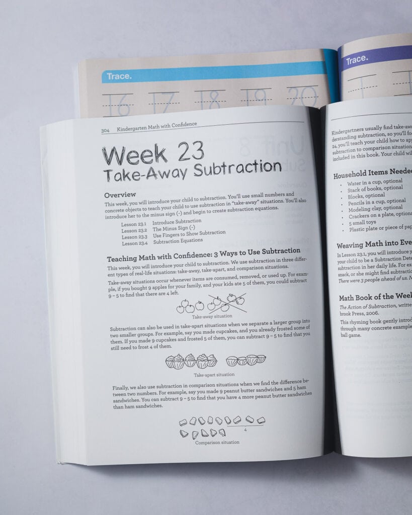 The teacher's manual of Kindergarten Math with Confidence for Week 23, teaching subtraction.