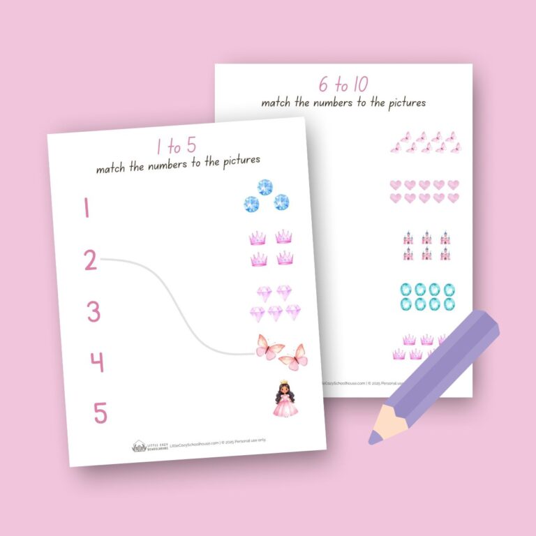 Number matching preschool pages with fairy tale design.