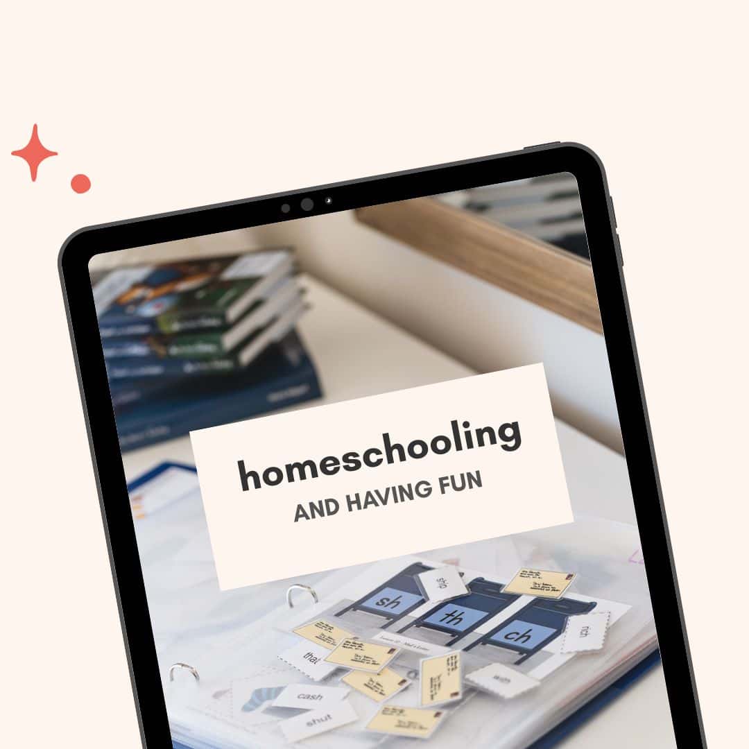 A tablet displaying a photo of practice reading exercises with the words, "homeschooling and having fun".