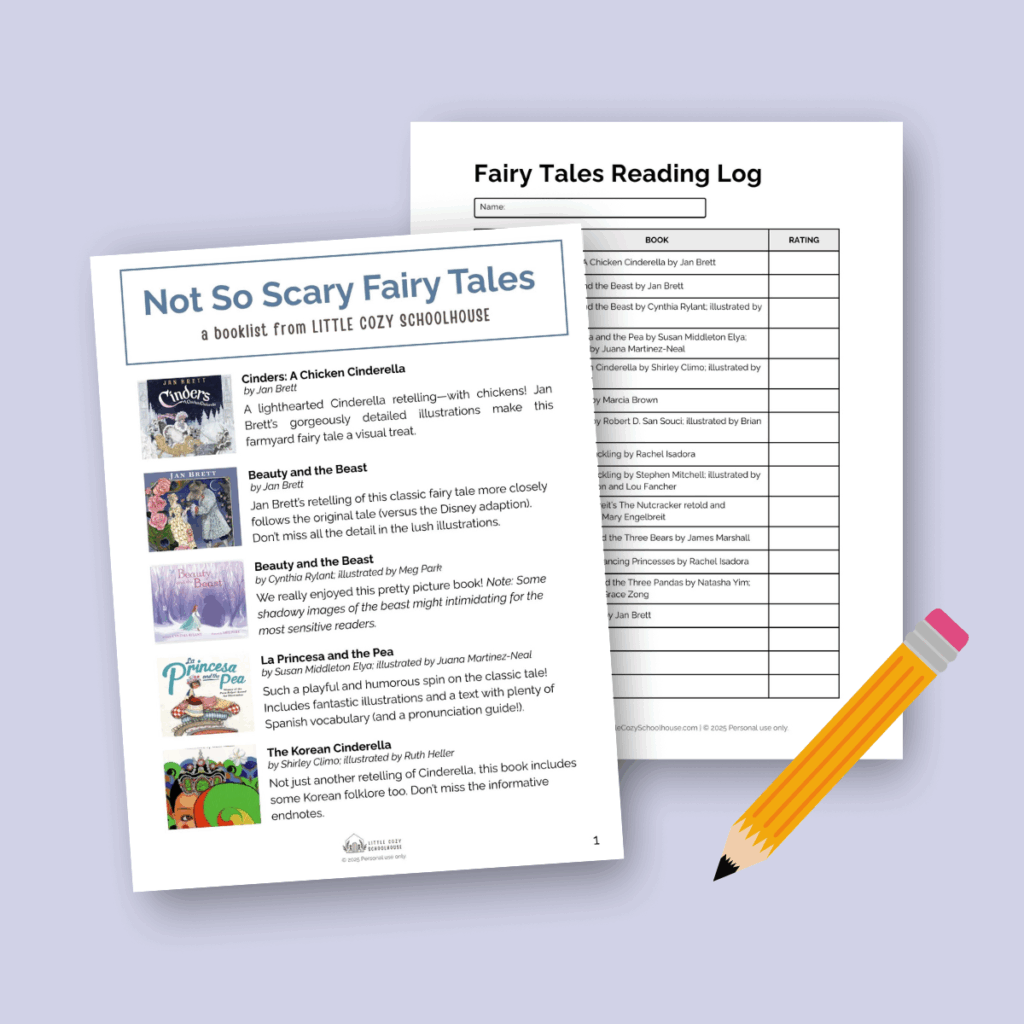 Pages of a fairy tale booklist and fairy tales reading list with an illustrated pencil.