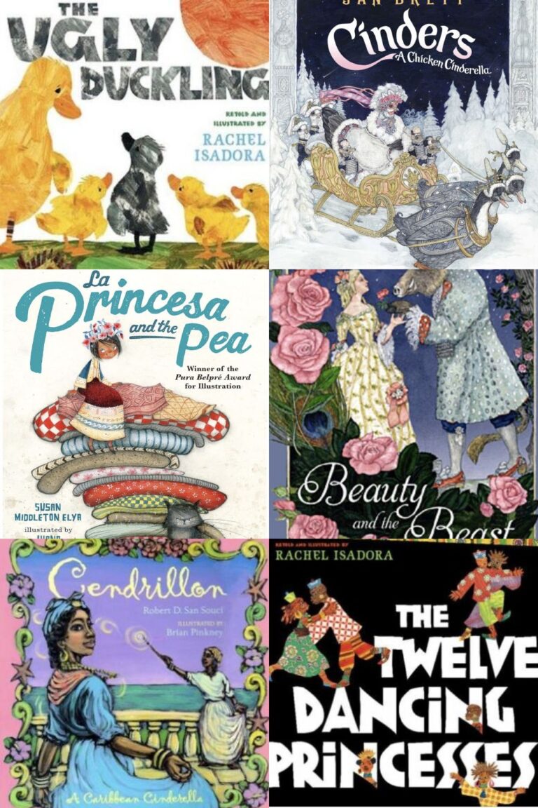 Six picture book covers of not-so-scary fairy tales in collage format.
