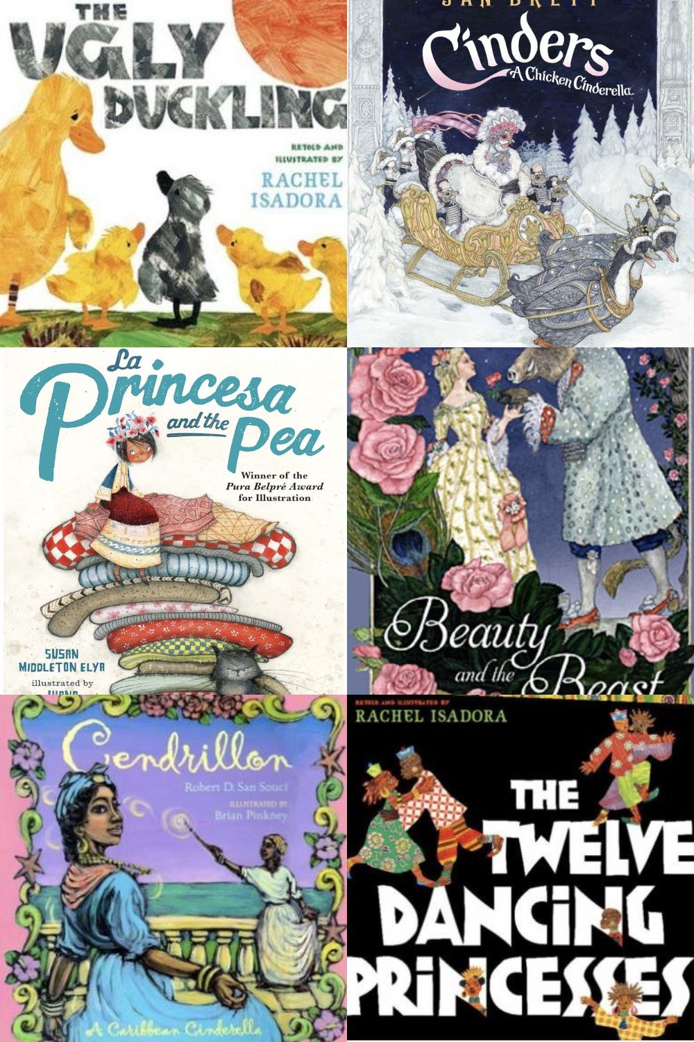 Six picture book covers of not-so-scary fairy tales in collage format.