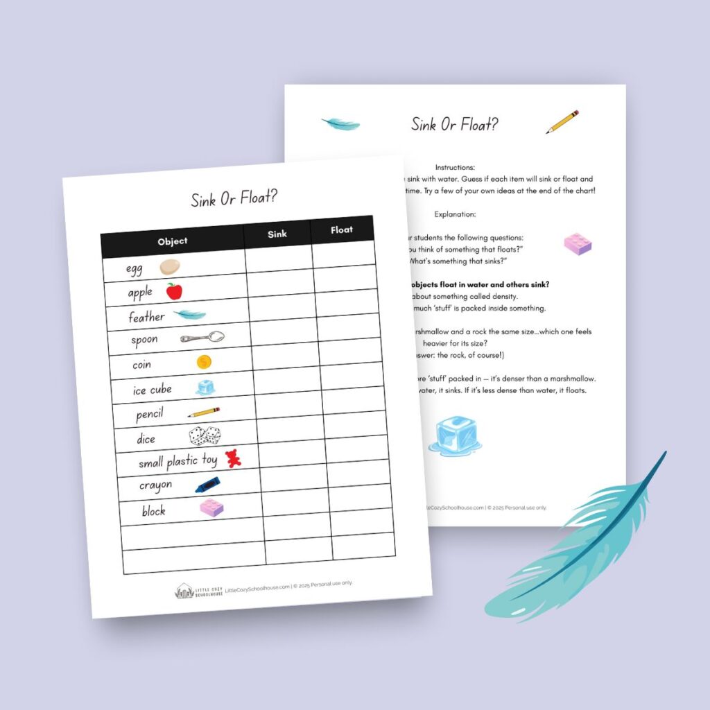 Two pages with instructions and a colorful chart to test if objects sink or float.