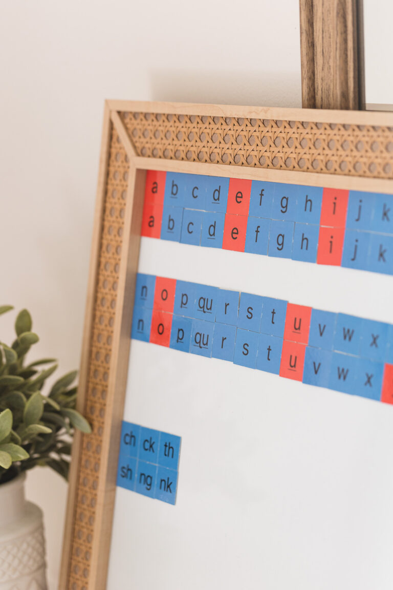 All About Reading Letter tiles on a white board.