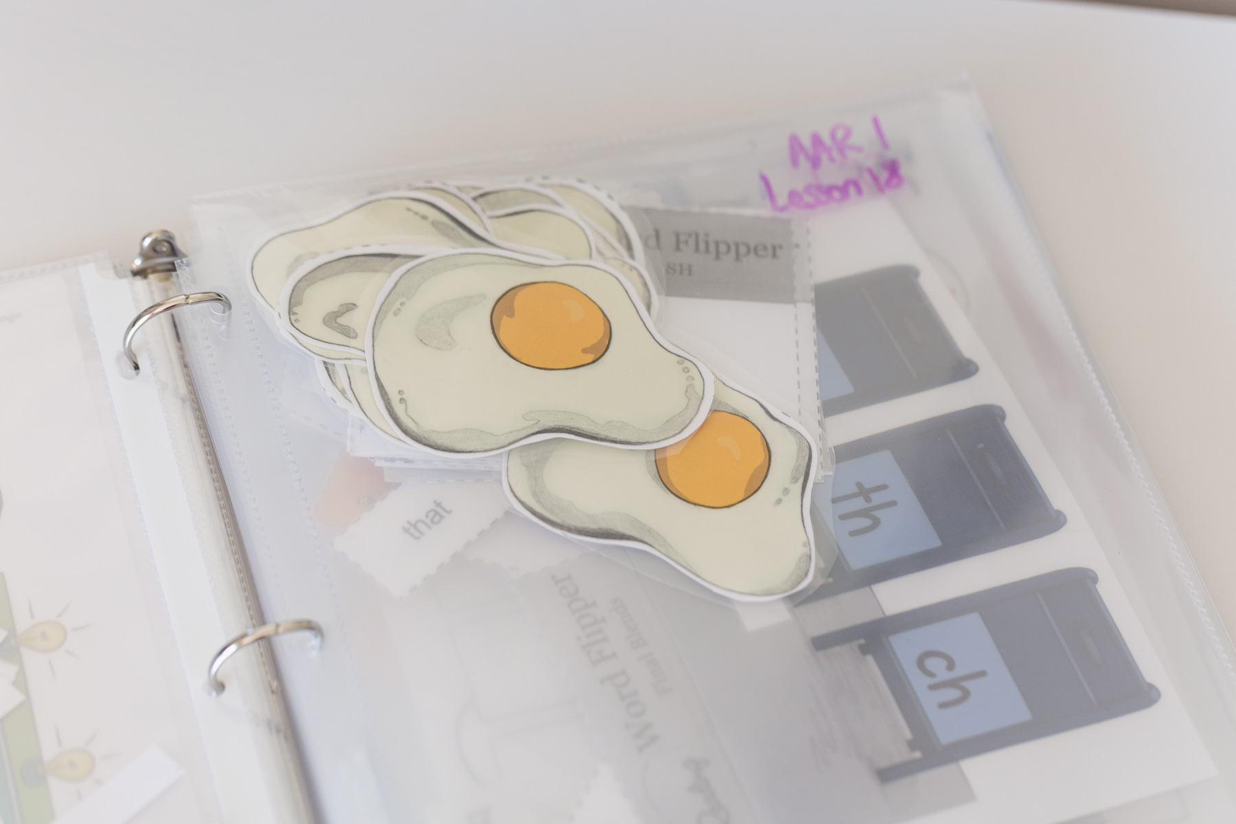 Fried Egg game pieces for All About Reading in a 3-ring binder.